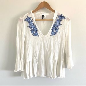 Divided boho top + embroidered floral design sz 2